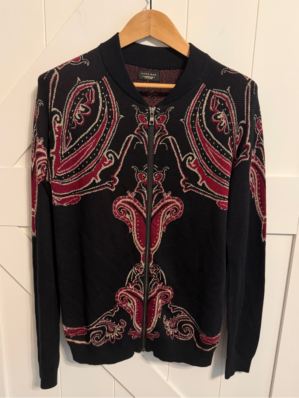 Zara Man Medium Paisley Baroque Jacquard Full Zip Knit Cardigan Sweater